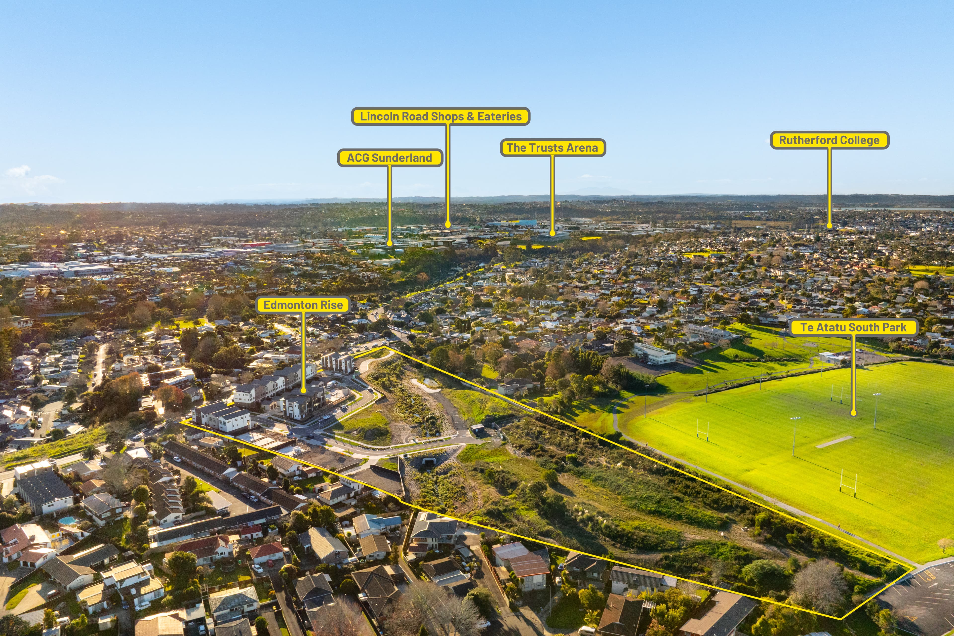 Edmonton Rise and its surrounds, showing nearby Lincoln Road Shops & Eateries, ACG Sunderland, The Trusts Arena, Rutherford College and Te Atatū South Park